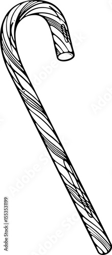 Classic striped Christmas candy cane. Minimal holiday sweet. Vector illustration in hand drawn doodle sketch style. Line art isolated on white for coloring book, print