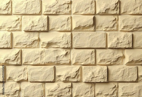 Close-up view of a light beige stone wall, irregularly shaped stones. Stone Wall Texture With Sunlight