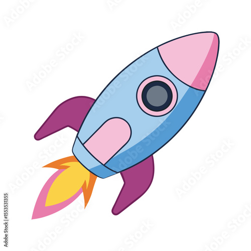 Stylized rocket ship with fiery propulsion exhaust vector illustration isolated on white background