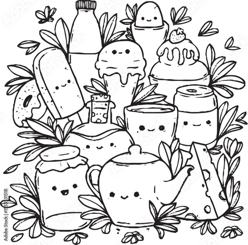A fun and whimsical black and white doodle artwork showing a group of cute cartoon characters.