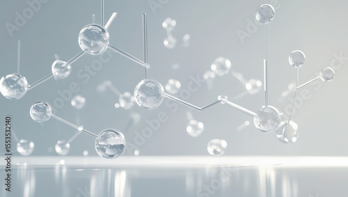 Clear 3D molecules suspended mid-air in minimal white space. Ideal for beauty science, futuristic branding, or biotechnology mockups.