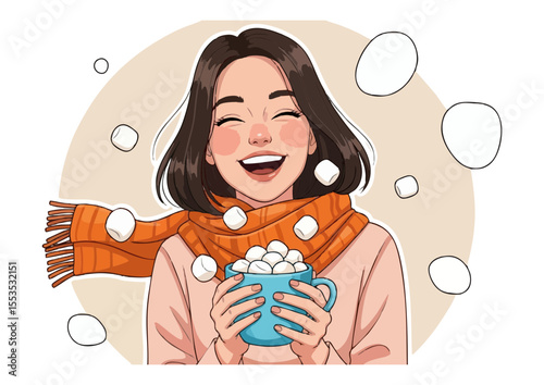Joyful girl holding a mug of hot chocolate topped with marshmallows, wrapped in an orange scarf, symbolizing warmth and happiness in a cozy atmosphere