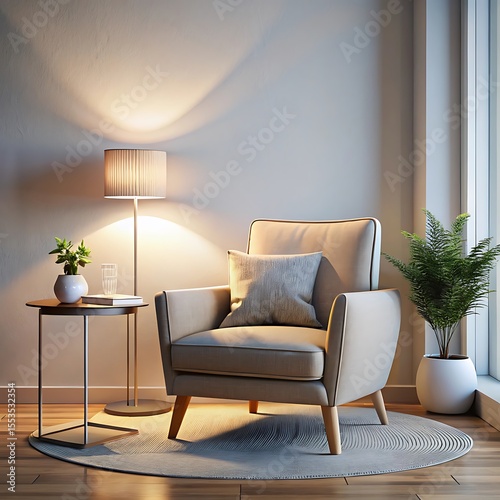 A minimalist reading nook with a textured armchair, glass side table, and soft lighting, creating a peaceful ambiance in a bright, modern interior