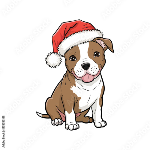 Illustration of an adorable Pit Bull puppy with a brown and white coat, sitting and looking forward with a friendly, happy expression.