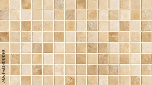 background banner panorama with beige cream colored tiles wall texture, square mosaic tile, seamless pattern