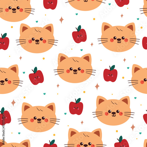 cute hand drawing cartoon cat with red apple character seamless pattern. cute animal pattern in white background for gift wrap paper and wallpaper