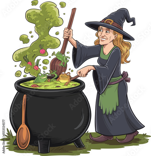 Smiling Witch Stirring Potion in Cauldron with Frogs