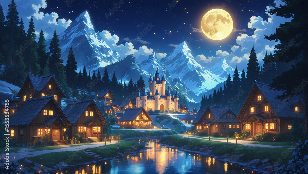 Obraz premium Enchanted mountain town lit by fireflies and full moon, with calm river reflections. Ideal for fantasy art, magical worlds, or illustrated travel scenes.