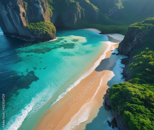 Breathtaking coastal paradise captured from above showcasing turquoise waters and golden sands in a secluded beach at dawn