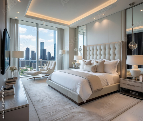 Luxurious modern bedroom suite with breathtaking city skyline view at midday in a high-rise building