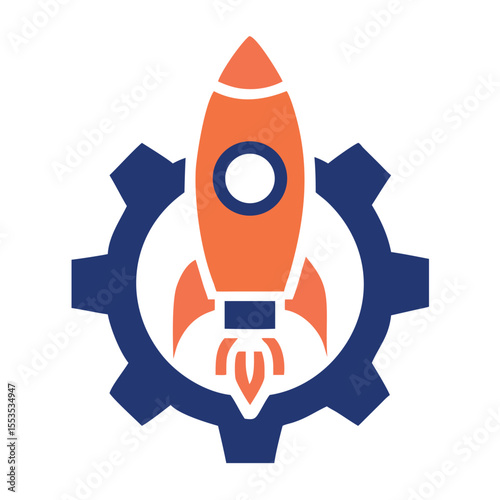 Technology Startup Gear and Rocket Logo vector vector Flat Design Concept.