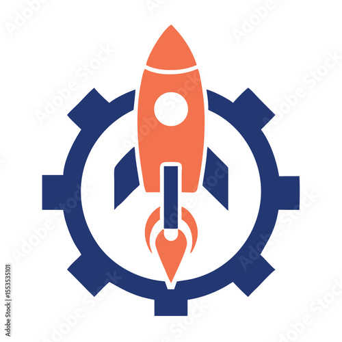 Technology Startup Gear and Rocket Logo vector vector Flat Design Concept.