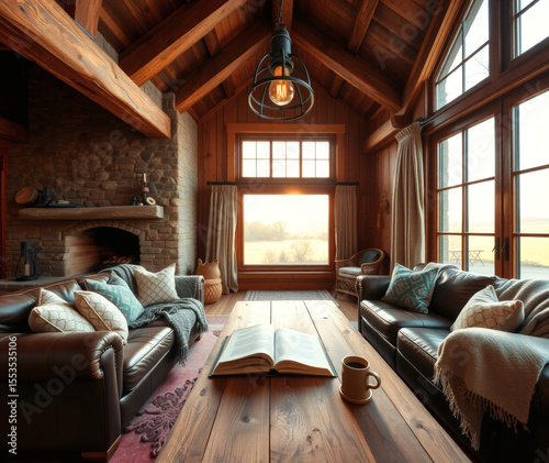 Cozy rustic living room with warm sunlight streaming through large windows at dusk