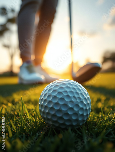 Challenging golf swing at sunset on lush fairway with a perfectly positioned golf ball near the tee