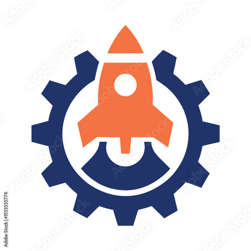 Technology Startup Gear and Rocket Logo vector vector Flat Design Concept.