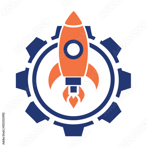 Technology Startup Gear and Rocket Logo vector vector Flat Design Concept.