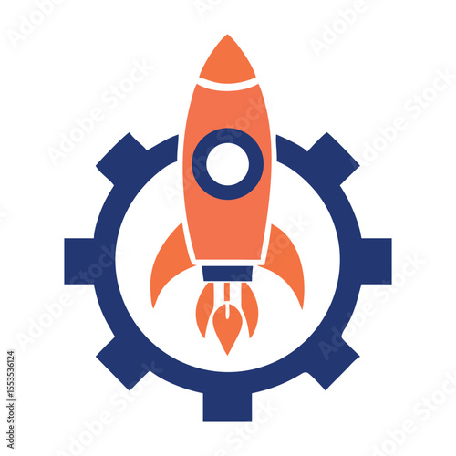 Technology Startup Gear and Rocket Logo vector vector Flat Design Concept.