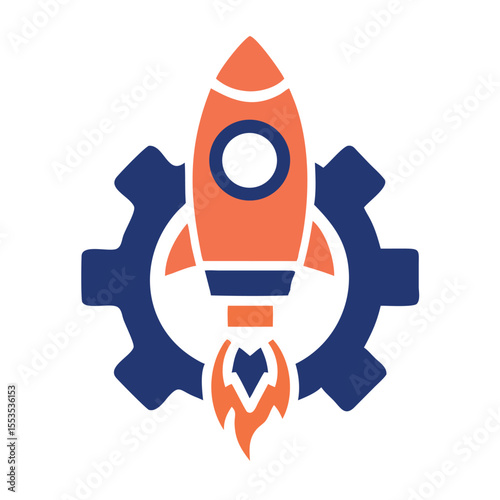 Technology Startup Gear and Rocket Logo vector vector Flat Design Concept.