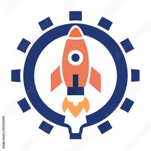 Technology Startup Gear and Rocket Logo vector vector Flat Design Concept.