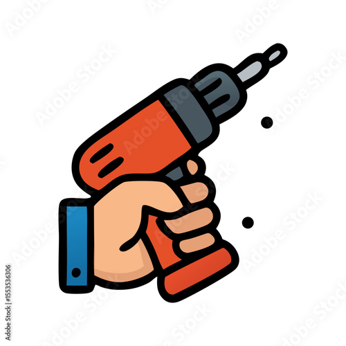 Drilling hand gripping ordless drill for construction, renovation, home improvement, DIY, tools, power tools, projects, and industrial themes
