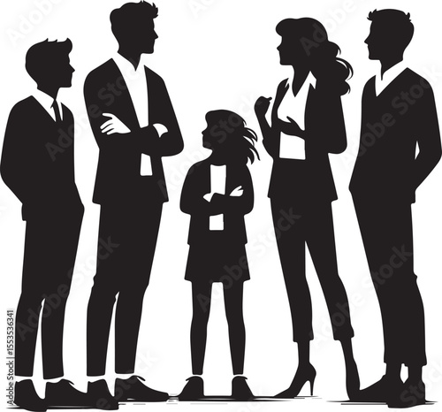 Silhouettes of business professionals engaged in lively discussion, signifying teamwork and communication, set in a minimalistic style, highlighting collaboration and professionalism.