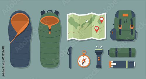 Mountain Camping Equipment Flat Vector Illustration