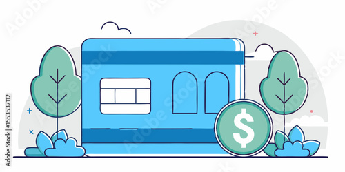 a blue credit card with a dollar coin and trees in a nature inspired setting