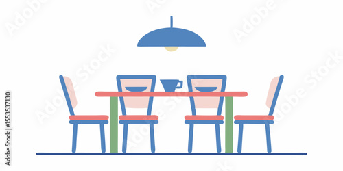 a dining room table with four chairs and a hanging light fixture above it all