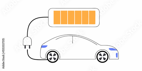 an electric car connected to a battery showing charging level indicator cells filled