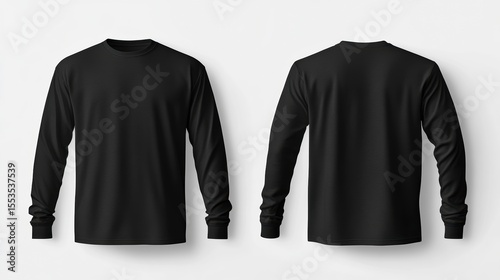 Black long sleeve t-shirt mockup, front and back view, isolated on white background.