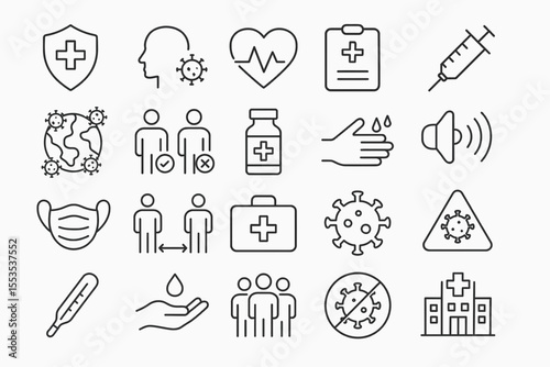 20 Outline Public Health Vector Icons: Healthcare, Wellness, Medical Set