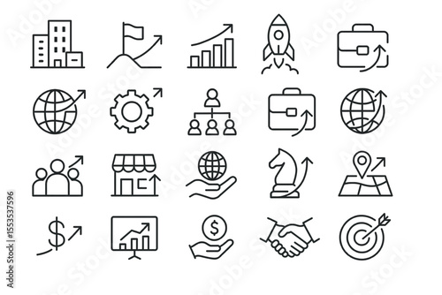 20 Outline Business Expansion Vector Icons: Growth, Strategy, Market