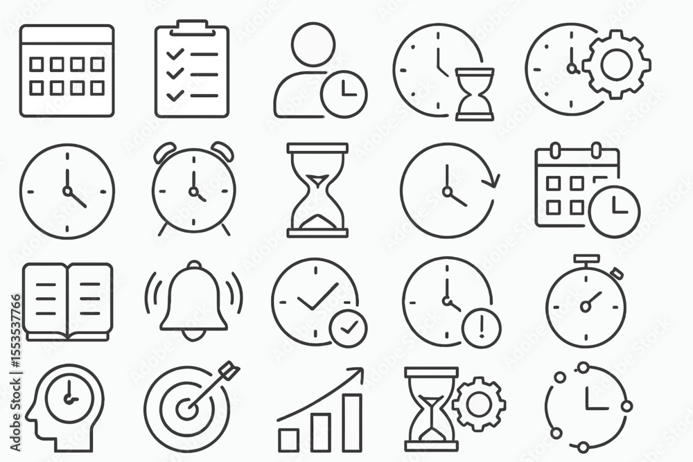 Fototapeta premium Time Management Icon Set (20): Outline Vector for Productivity & Planning