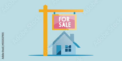 a house with a for sale sign against a light blue background in a simple style