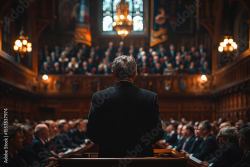 An elderly man with white hair addresses a large audience in a grand, ornate parliamentary chamber. The crowd listens attentively, surrounded by intricate architecture and stained glass windows