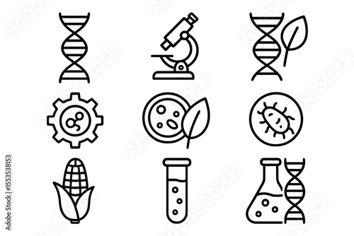 Outline Biotechnology Vector Icons: Science, DNA, Genetics, Research Set
