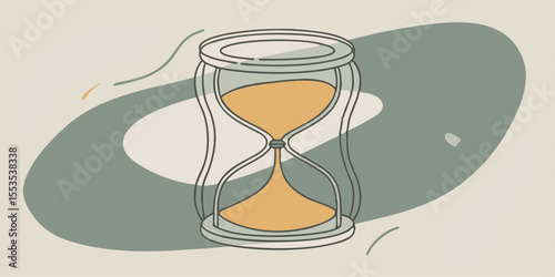 an hourglass with sand running through it on a cream background with gray shapes