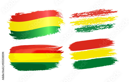 Set of creative flags of Bolivia in brushing stroke style. Three color flag in watercolor, pencil and chalk drawing variations. 3D and flat collection. Business or holiday event concept. Graphic signs