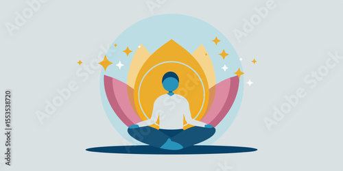 Person meditating in lotus position in front of a lotus flower with sparkling stars around it