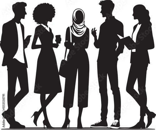 Silhouettes of business professionals engaged in lively discussion, signifying teamwork and communication, set in a minimalistic style, highlighting collaboration and professionalism.