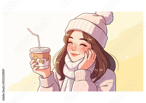 happy girl with hot drink smiling in winter attire copy space