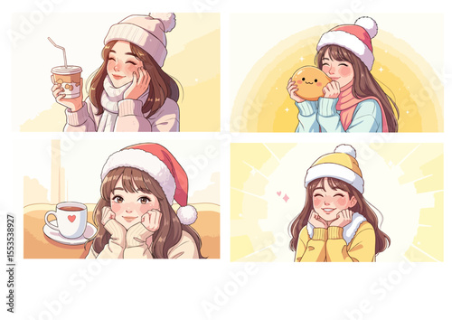 four happy girls enjoying cozy moments in winter copy space