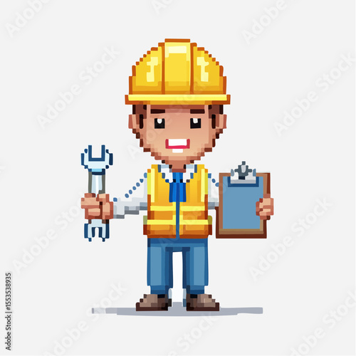 Pixel Vector Character of Construction Worker with Hard Hat – Full Body Isolated Sprite