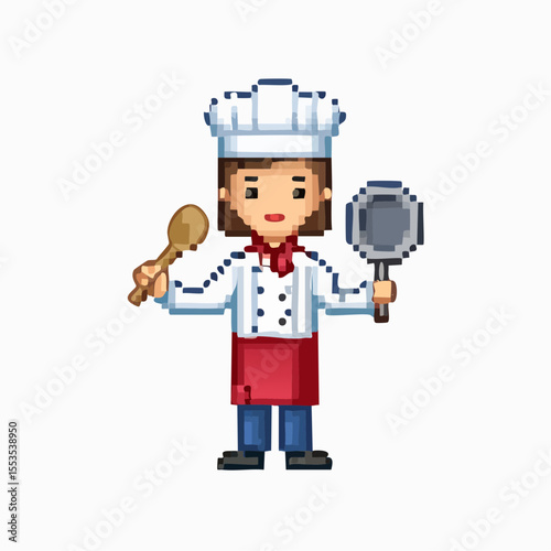Pixel Vector Art of Female Chef in Uniform with Hat – Full Body Culinary Character on White Background