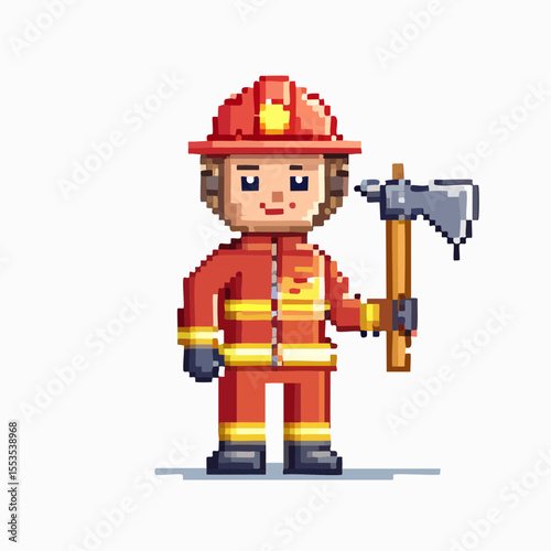 Pixel Vector Illustration of Firefighter in Uniform – Full Body Emergency Services Character