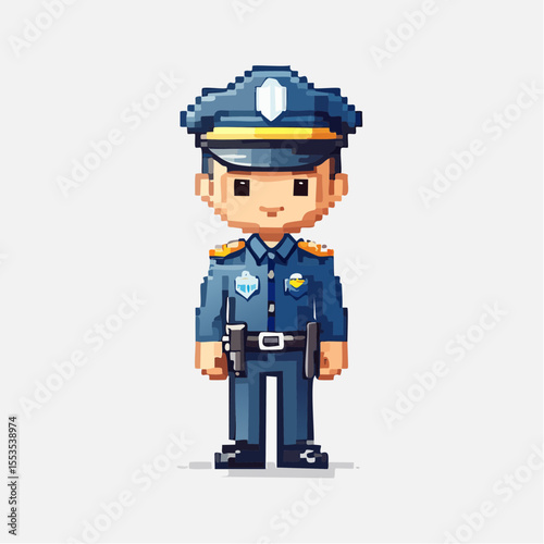Pixel Art Vector of Police Officer in Uniform – Full Body Game Character Isolated on White