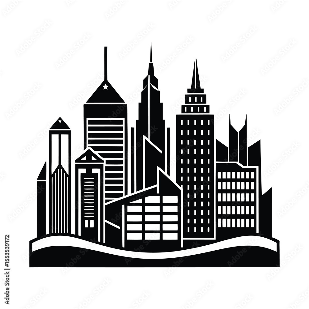 Fototapeta premium Black silhouette of a modern city skyline isolated on white background.