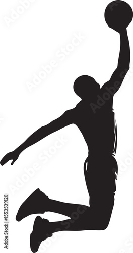 Black silhouette of a basketball player in action isolated on a white background.