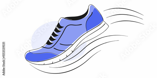a blue and white running shoe with motion lines indicating speed and movement shown