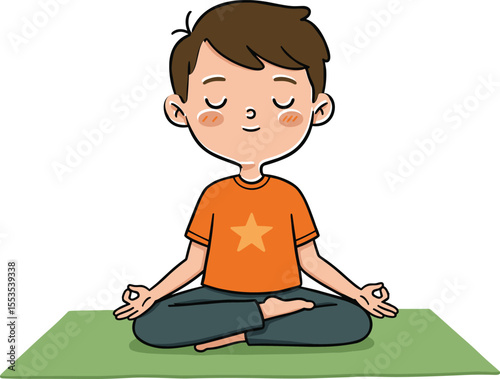Young Boy Practicing Mindfulness Meditation on Yoga Mat, Finding Inner Peace, Calmness, and Relaxation for Stress Reduction and Mental Well-being, Ideal for Kids' Health and Wellness